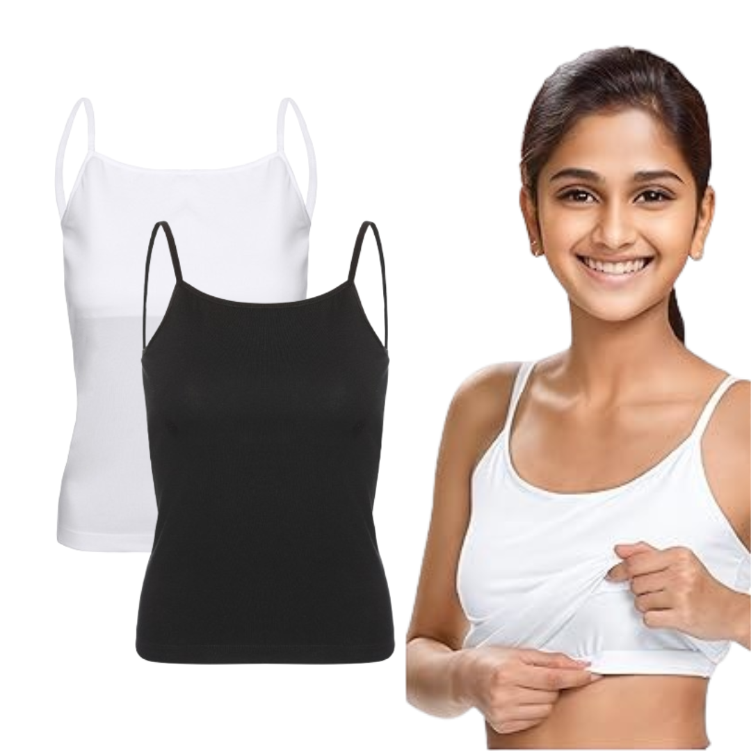Padded Tank Top For Teens | Flat Padding Covers Nipple Buds | Perfect To Wear Under School Uniform pack of 2 white and black Padded Tank Top For Teens | Flat Padding Covers Nipple Buds | Perfect To Wear Under School Uniform pack of 2 white and black