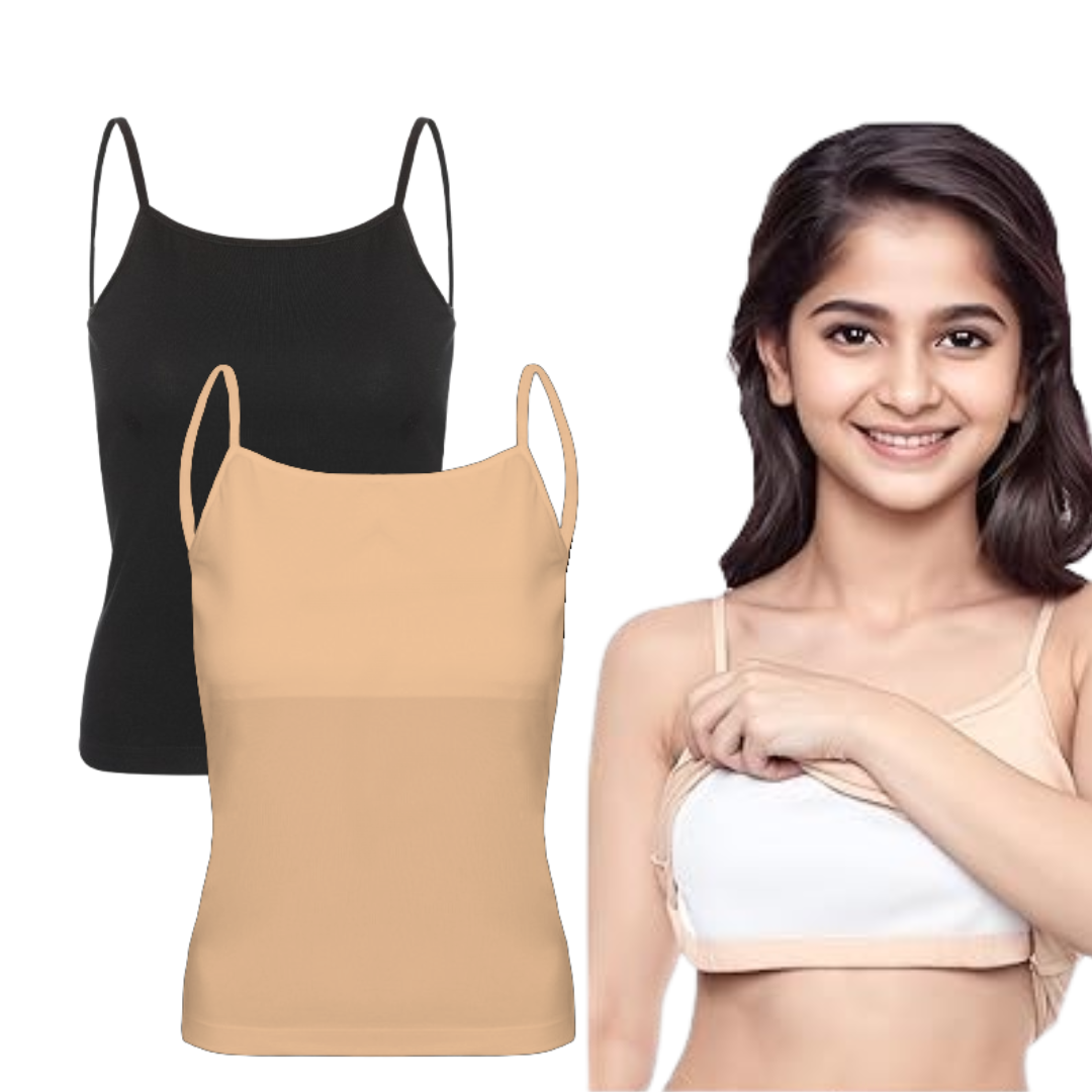 Padded Tank Top For Teens | Flat Padding Covers Nipple Buds | Perfect To Wear Under School Uniform pack of 2 beige and black