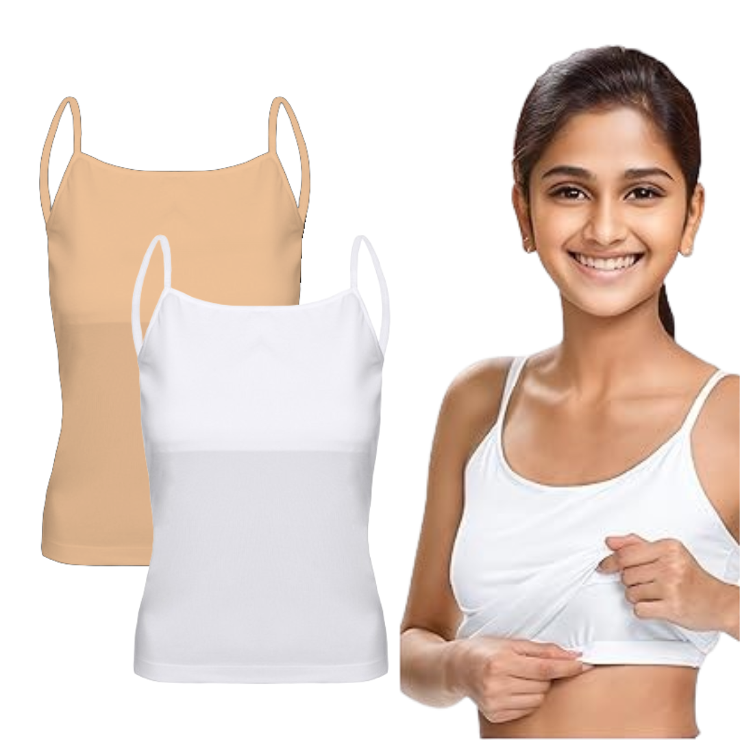 Padded Tank Top For Teens | Flat Padding Covers Nipple Buds | Perfect To Wear Under School Uniform pack of 2 beige and white Padded Tank Top For Teens | Flat Padding Covers Nipple Buds | Perfect To Wear Under School Uniform pack of 2 beige and white