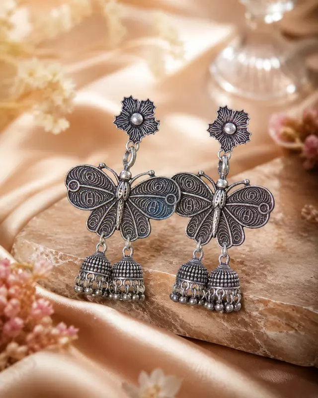 Butterfly Bloom Oxidized Jhumka Earrings