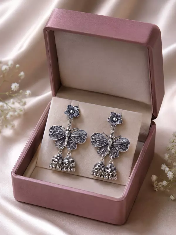 Butterfly Bloom Oxidized Jhumka Earrings
