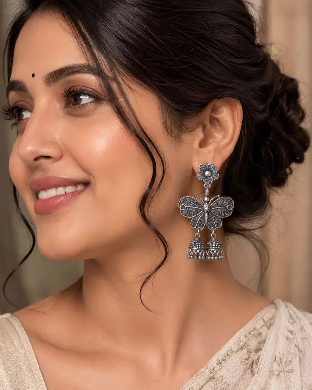 Butterfly Bloom Oxidized Jhumka Earrings