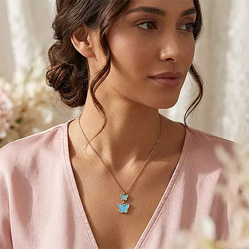 Elegant Rose Gold Butterfly Necklace with Blue Inlay