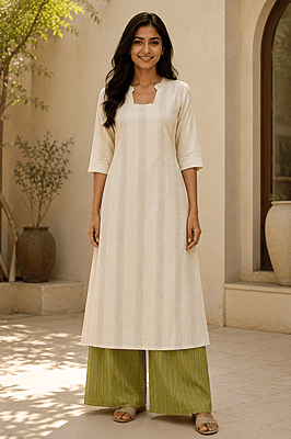 Women's Cream A-Line Kurta Co-Ord Set with Olive Striped Palazzo | Cotton Women's Cream A-Line Kurta Co-Ord Set with Olive Striped Palazzo | Cotton