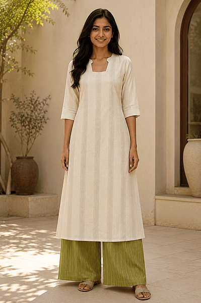 Women's Cream A-Line Kurta Co-Ord Set with Olive Striped Palazzo | Cotton Women's Cream A-Line Kurta Co-Ord Set with Olive Striped Palazzo | Cotton