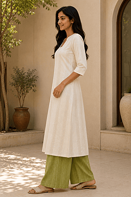 Women's Cream A-Line Kurta Co-Ord Set with Olive Striped Palazzo | Cotton Women's Cream A-Line Kurta Co-Ord Set with Olive Striped Palazzo | Cotton