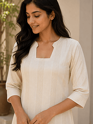 Women's Cream A-Line Kurta Co-Ord Set with Olive Striped Palazzo | Cotton Women's Cream A-Line Kurta Co-Ord Set with Olive Striped Palazzo | Cotton