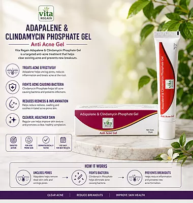 Vita Regain 1% Clindamycin & 0.1% Adapalene Anti-Acne Gel | Doctor Recommended for Pimples & Acne Marks | 15g