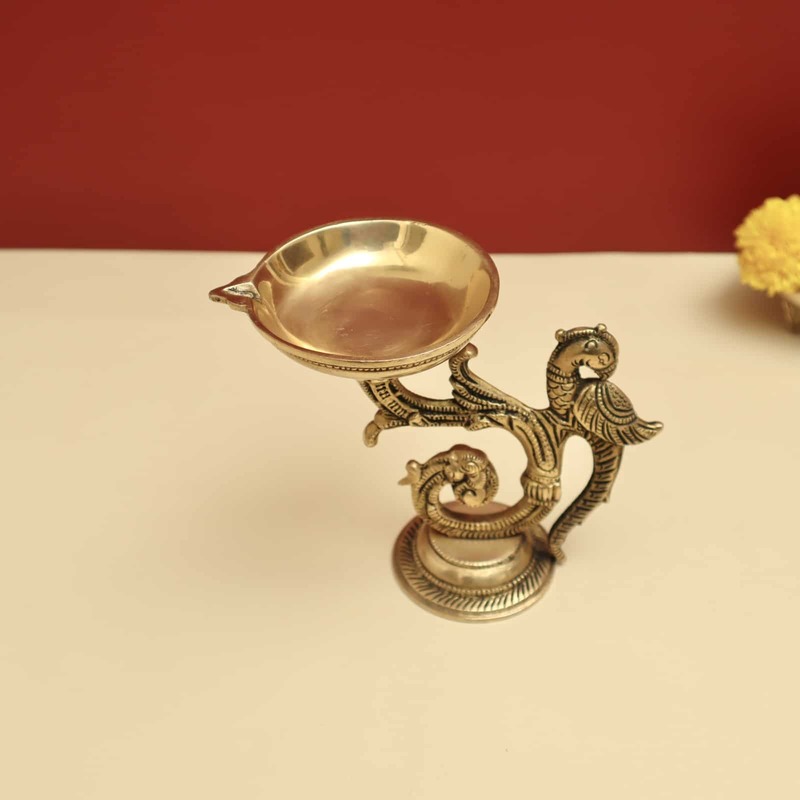 Brass Parrot Diya Lamp - 5.5 inch Height | Charming Brass Parrot Diya Lamp for Festive Lighting and Decor