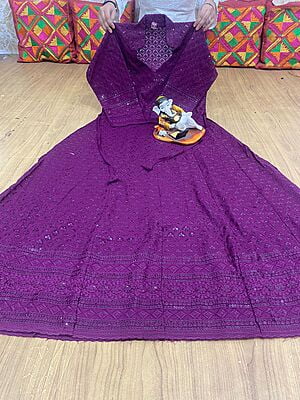 Chikan Embroidered Anarkali-Wine Chikan Embroidered Anarkali-Wine