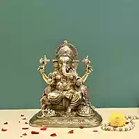 Brass Handcrafted Ganesha on Singhasan - 9 inch Height | Artisan-Crafted Brass Ganesha Idol on Singhasan for Divine Presence