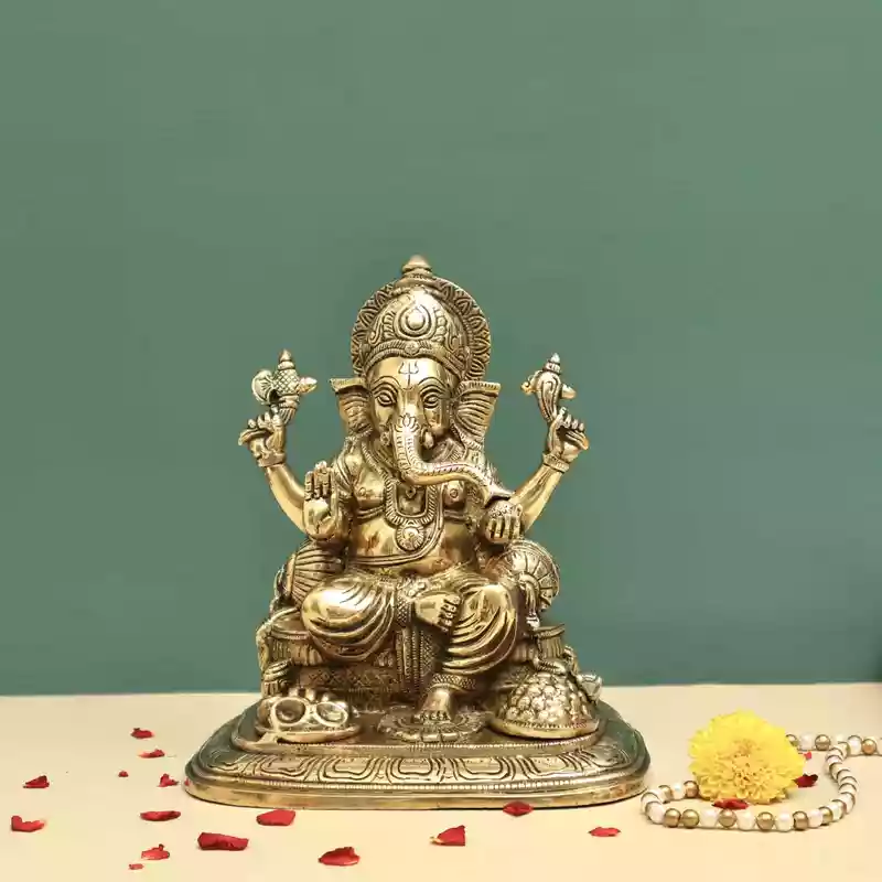 Brass Handcrafted Ganesha on Singhasan - 9 inch Height | Artisan-Crafted Brass Ganesha Idol on Singhasan for Divine Presence