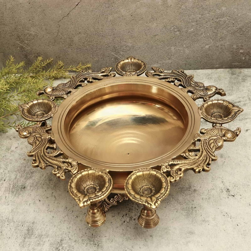 Brass Peacock Five Diya Urli Decorative Bowl - 5 inch Height | Brass Urli Decorative Bowl with Peacock Design and Five Diyas for Festive Illumination