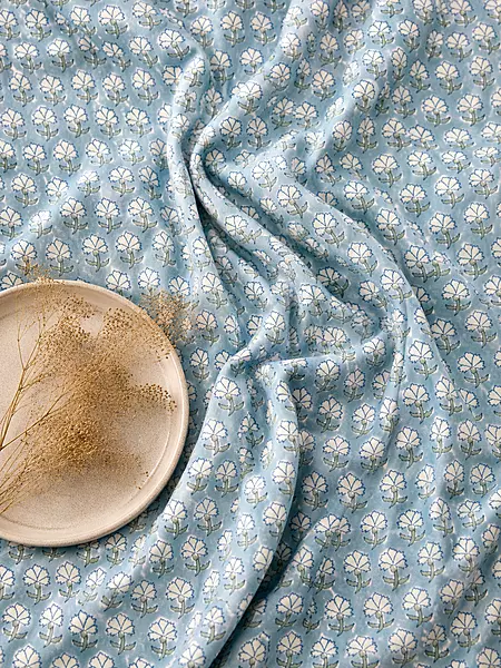 Cotton Aqua Blue Buta Block Print