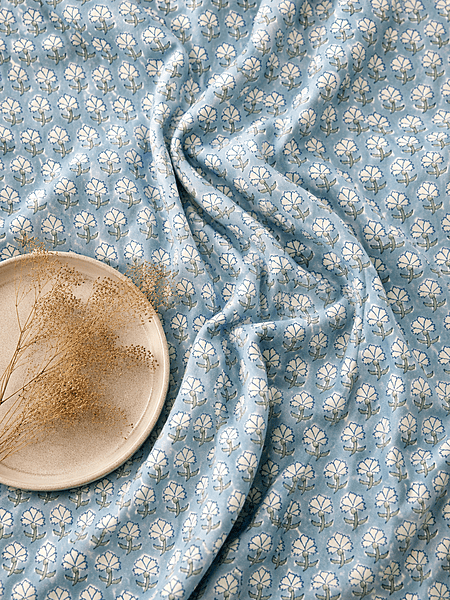 Cotton Aqua Blue Buta Block Print