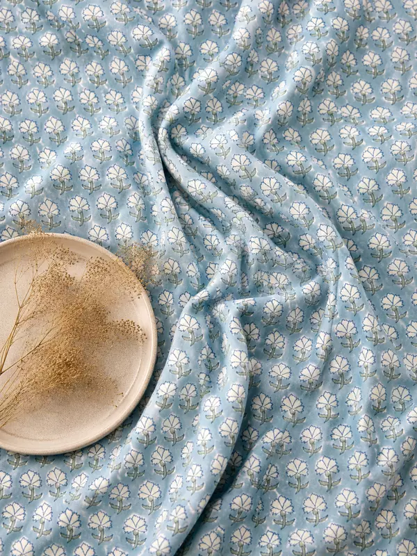 Cotton Aqua Blue Buta Block Print