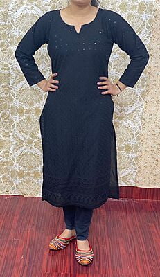 Cotton Chikan Kurti-Black