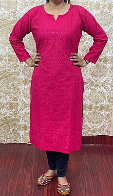 Cotton Chikan Kurti-Magenta