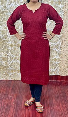 Cotton Chikan Kurti-Maroon