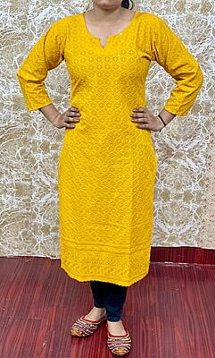 Cotton Chikan Kurti-Mustard