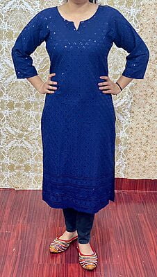 Cotton Chikan Kurti-NavyBlue