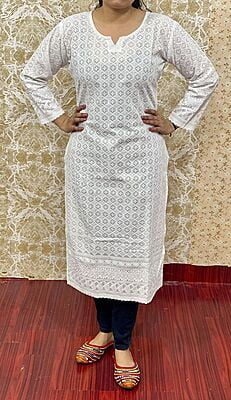 Cotton Chikan Kurti-OffWhite