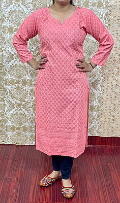 Cotton Chikan Kurti-Peach