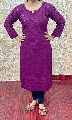 Cotton Chikan Kurti-Wine