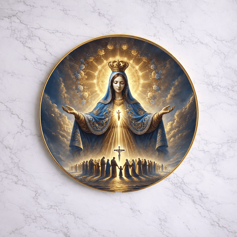 Mother mary crystal clear resin coated with stone work round photo frame