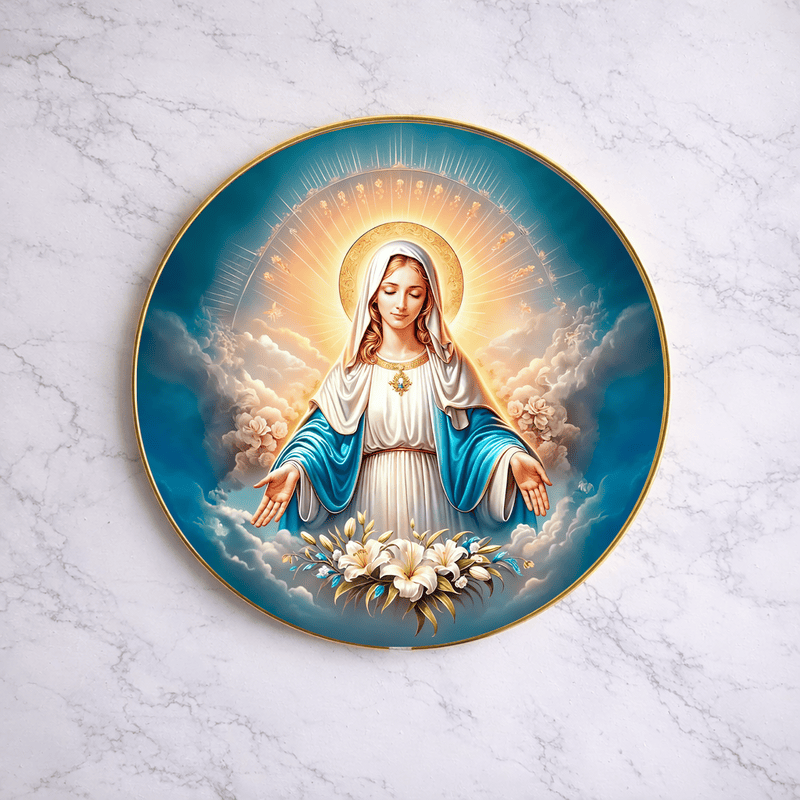 Mary crystal clear resin coated with stone work round photo frame