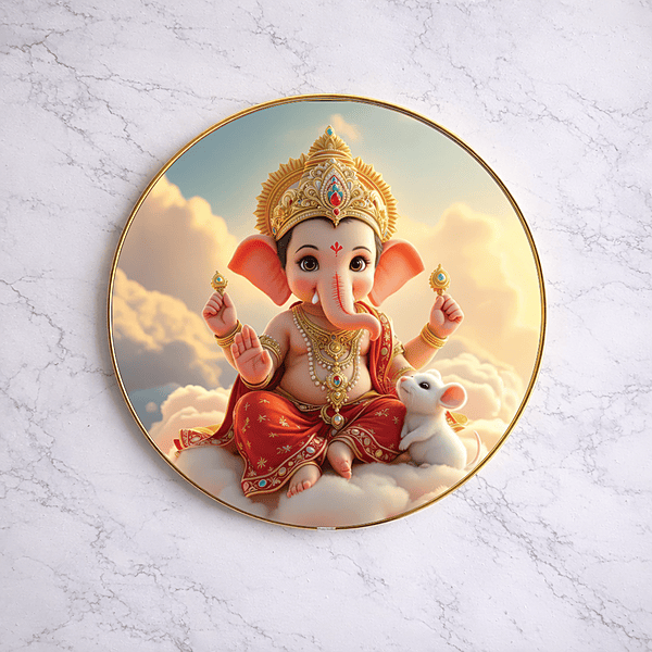 Baby Ganesh crystal clear resin coated with stone work round photo frame