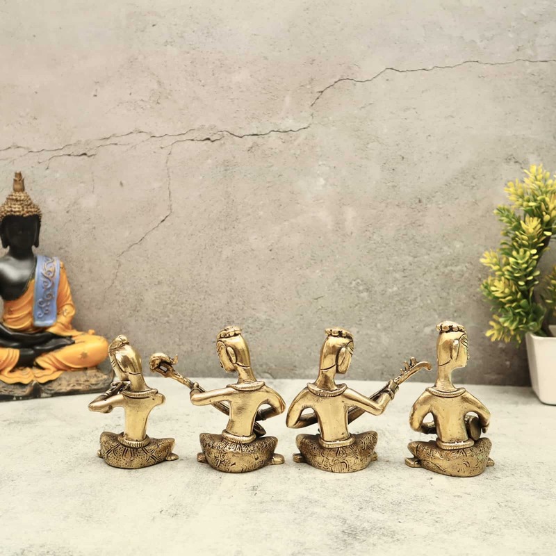 Brass Tribal Sitting Musical Set of four - 4.2 inch Height | Captivating Set of Four Brass Tribal Sitting Musicians for Decorative Charm