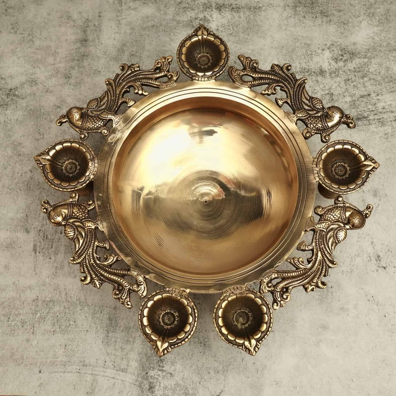 Brass Peacock Five Diya Urli Decorative Bowl - 5 inch Height | Brass Urli Decorative Bowl with Peacock Design and Five Diyas for Festive Illumination
