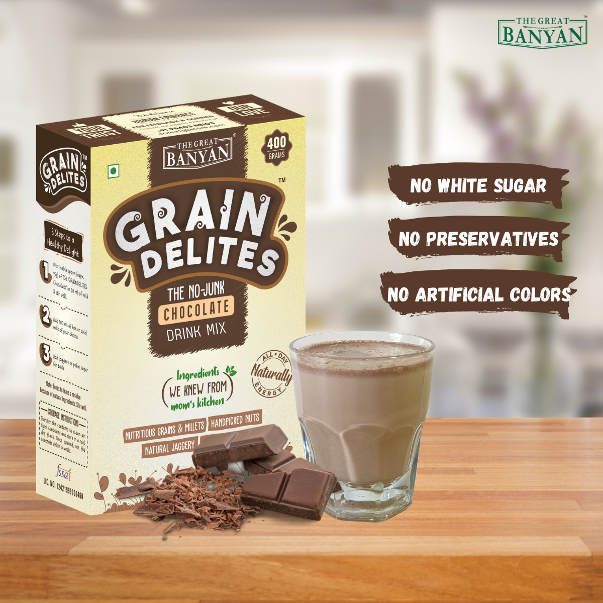 GrainDelites Chocolate 400g | No Junk Milk Drink Mix For Kids & Adults|No Refined Sugar, No Artificial Colors or Flavors, No Preservatives