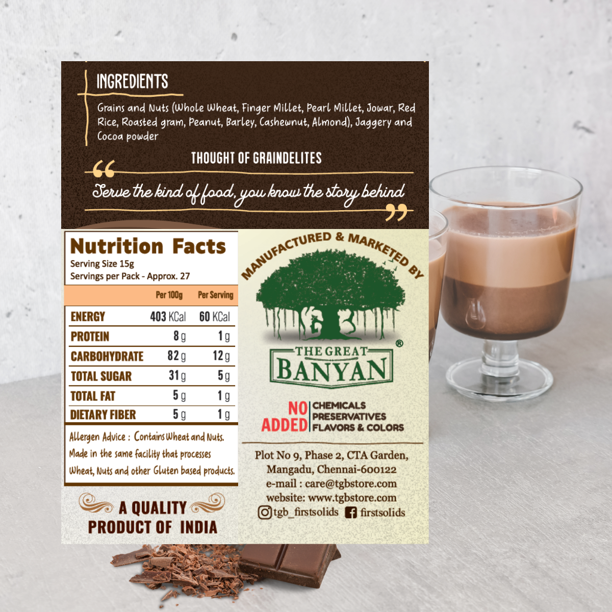 GrainDelites Chocolate 400g | No Junk Milk Drink Mix For Kids & Adults|No Refined Sugar, No Artificial Colors or Flavors, No Preservatives