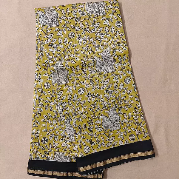 Chanderi Cotton Bagru Hand Block Printed Saree in Mustard Yellow with Black Border