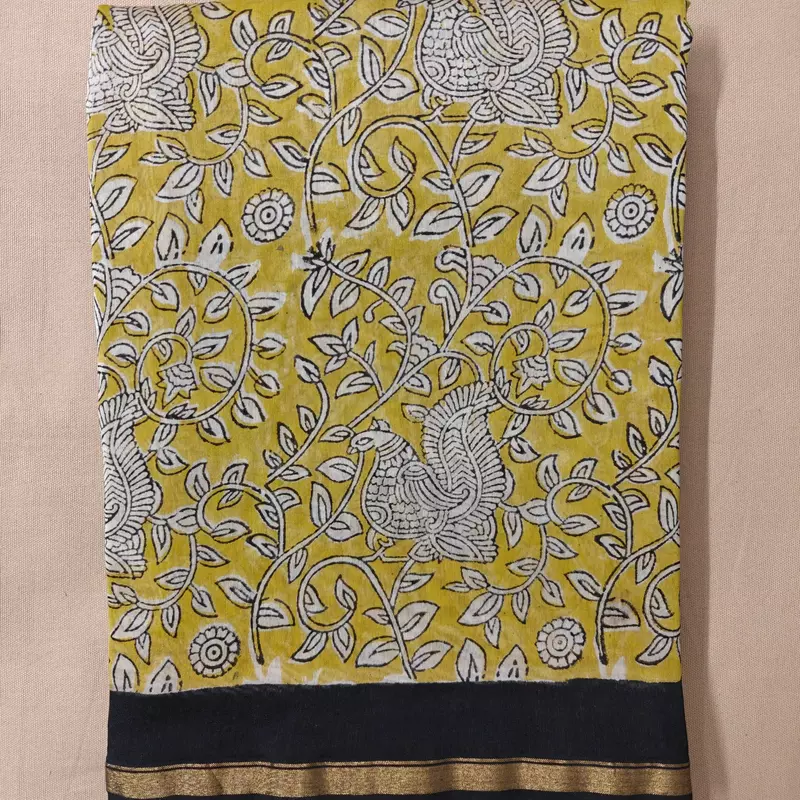 Chanderi Cotton Bagru Hand Block Printed Saree in Mustard Yellow with Black Border