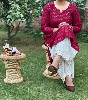 Chikan Kurti Cutwork Mastani Set-Maroon