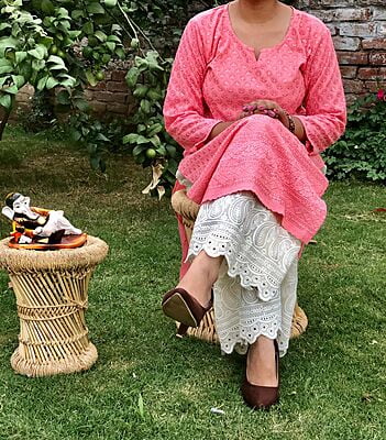 Chikan Kurti Cutwork Mastani Set-Peach