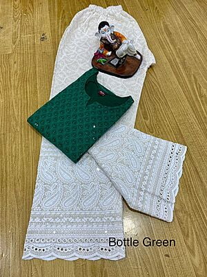 Chikan Kurti Cutwork Palazzo-BottleGreen
