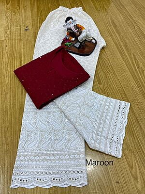 Chikan Kurti Cutwork Palazzo-Maroon