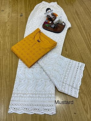 Chikan Kurti Cutwork Palazzo-Mustard