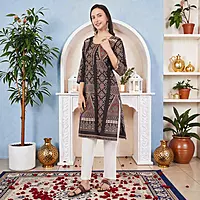 Women's Cotton Kurta, Traditional Geometric Print, 3/4 Sleeves, Black and Peach