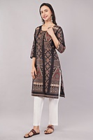 Women's Cotton Kurta, Traditional Geometric Print, 3/4 Sleeves, Black and Peach