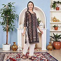 Women's Cotton Kurta, Traditional Geometric Print, 3/4 Sleeves, Black and Peach