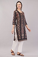 Women's Cotton Kurta, Traditional Geometric Print, 3/4 Sleeves, Black and Peach