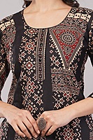 Women's Cotton Kurta, Traditional Geometric Print, 3/4 Sleeves, Black and Peach