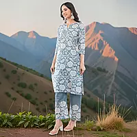 Women's Grey Pure Cotton Straight Embroidered Chikankari Salwar Suit Set