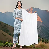 Women's Grey Pure Cotton Straight Embroidered Chikankari Salwar Suit Set