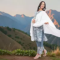 Women's Grey Pure Cotton Straight Embroidered Chikankari Salwar Suit Set